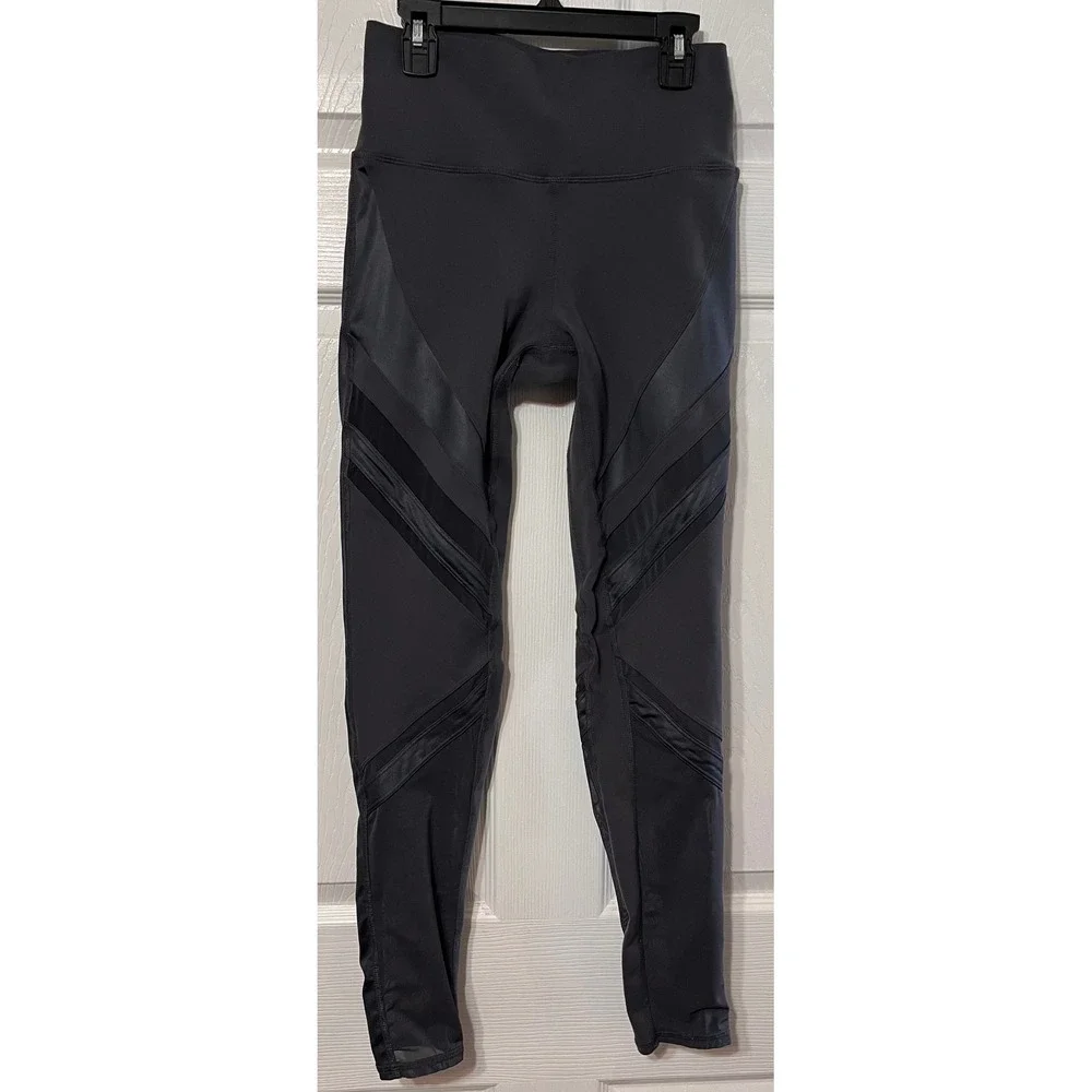 Alo Yoga Moto Leggings Anthracite Grey High Waist Mesh‎ Glossy Panels Womens Med